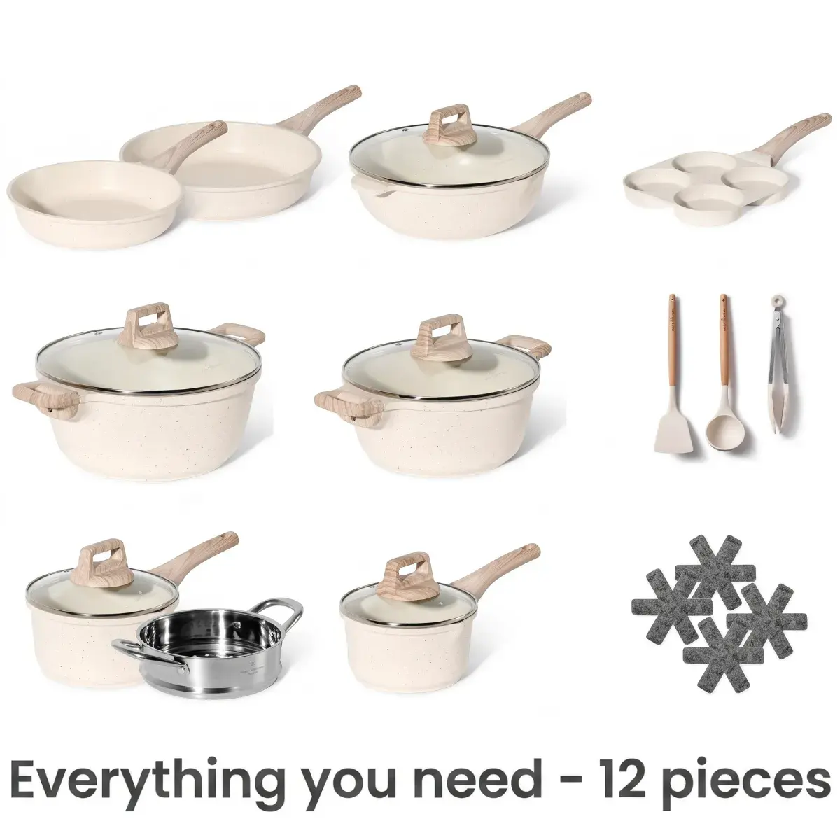 Tutti i 12 pezzi del set in ceramica, utensili e sottopentola inclusi